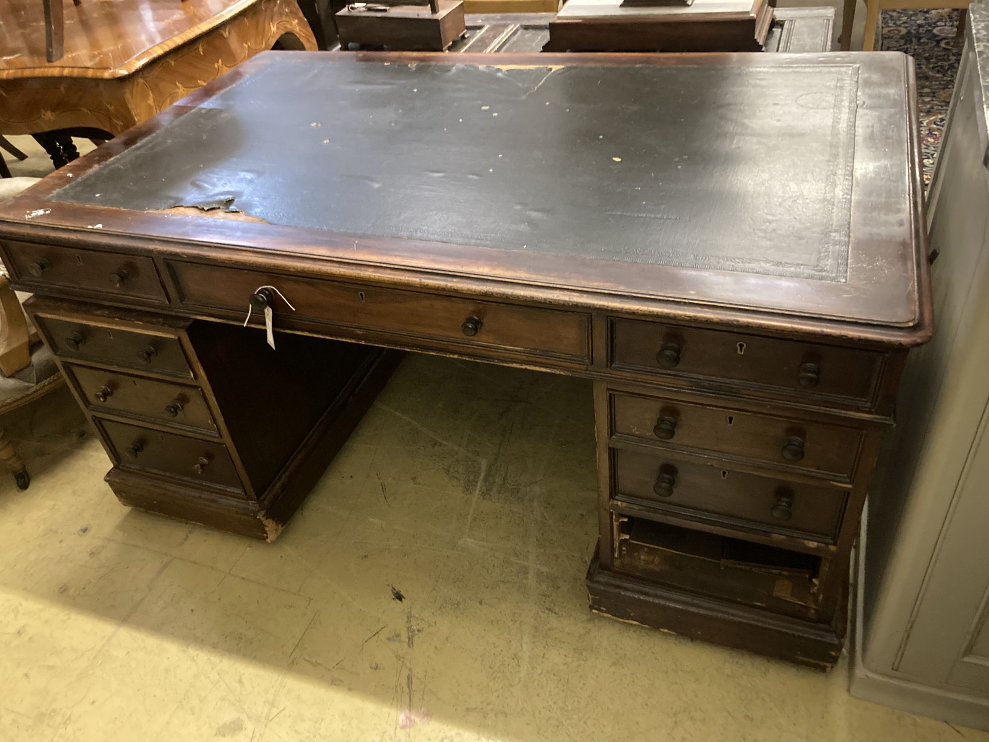 A Victorian mahogany pedestal partners desk, length 152cm, depth 94cm, height 73cm